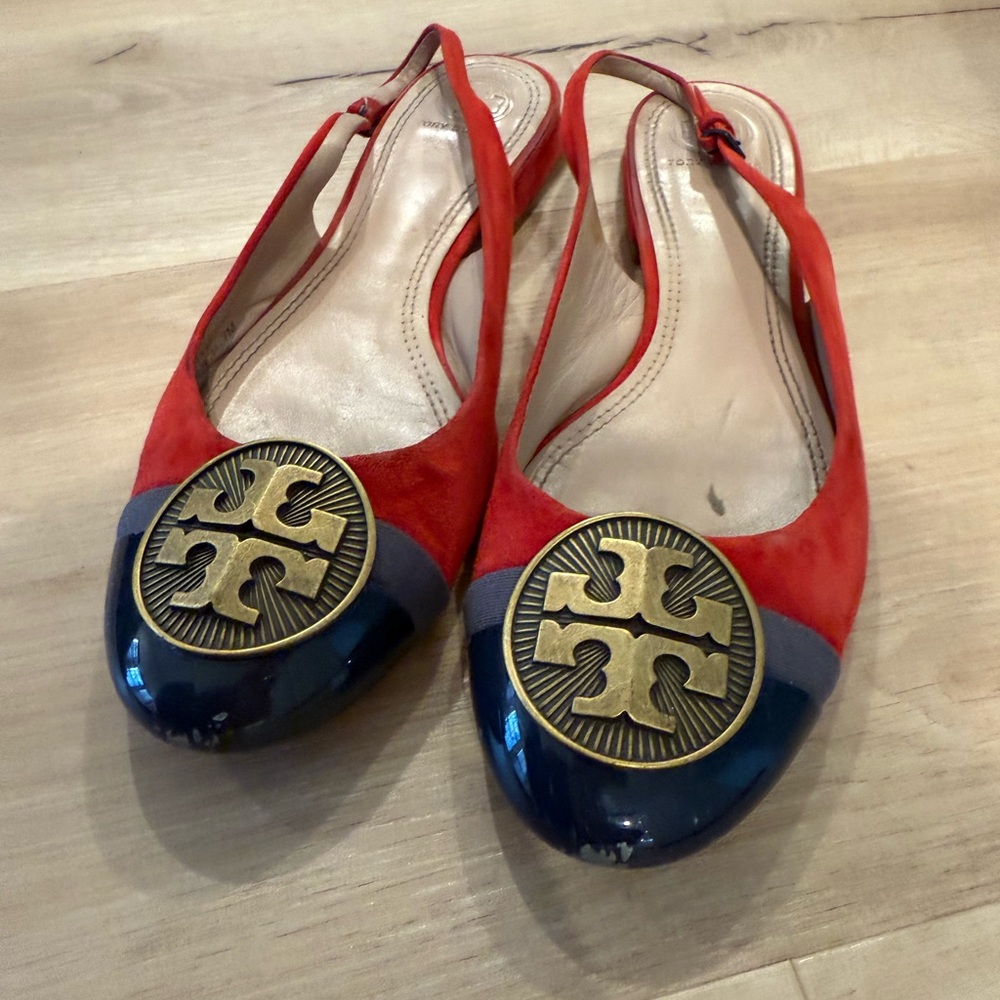 Tory Burch Red and Navy Flats with Gold Emblem